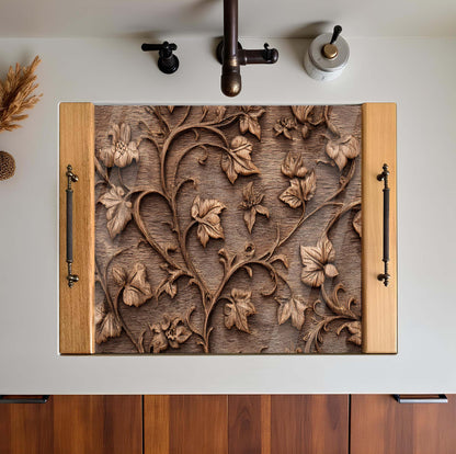 Wooden decorative sink cover with floral carvings on a sink.