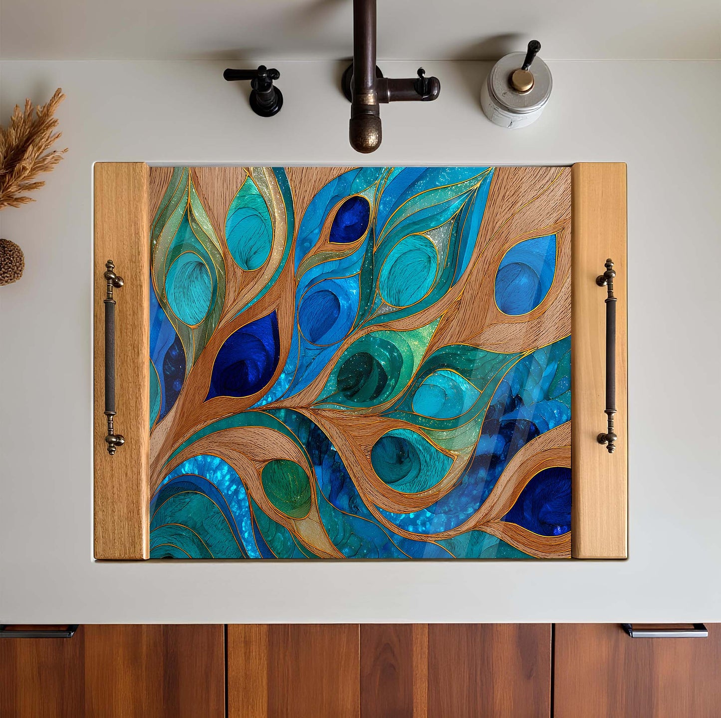 Wooden cabinet with peacock feather design on a white wall.