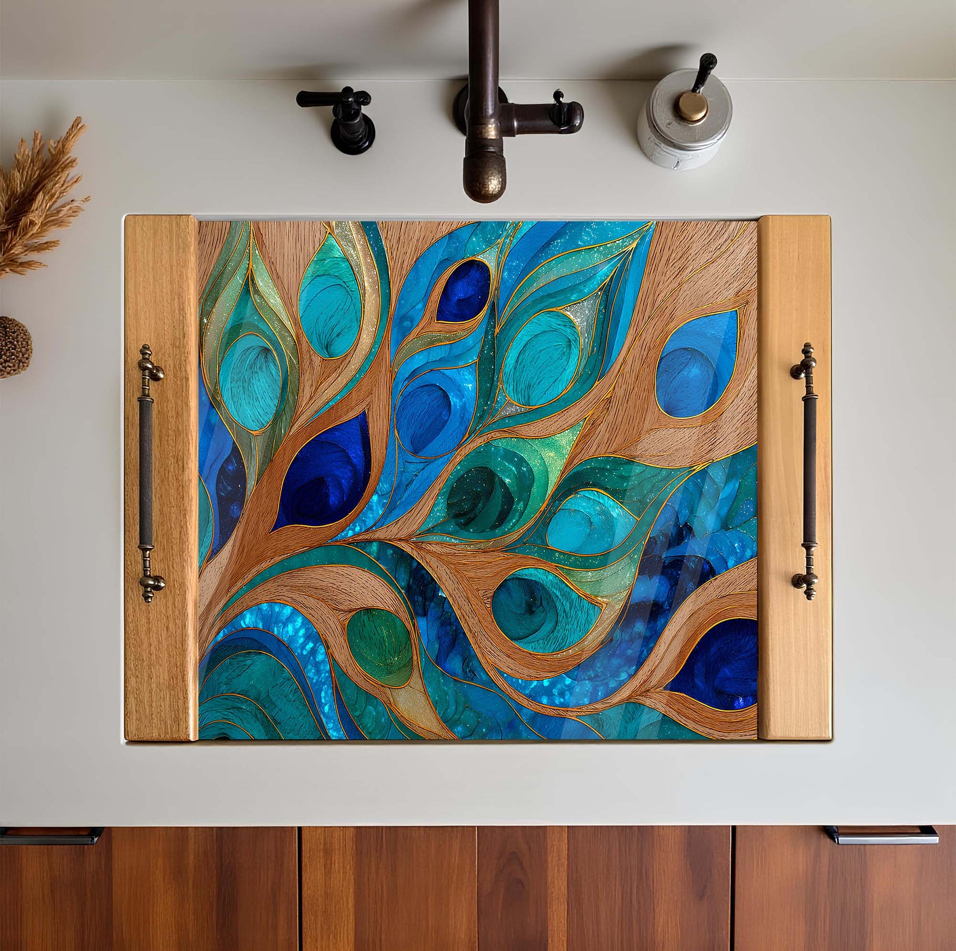 Wooden cabinet with peacock feather design on a white wall.