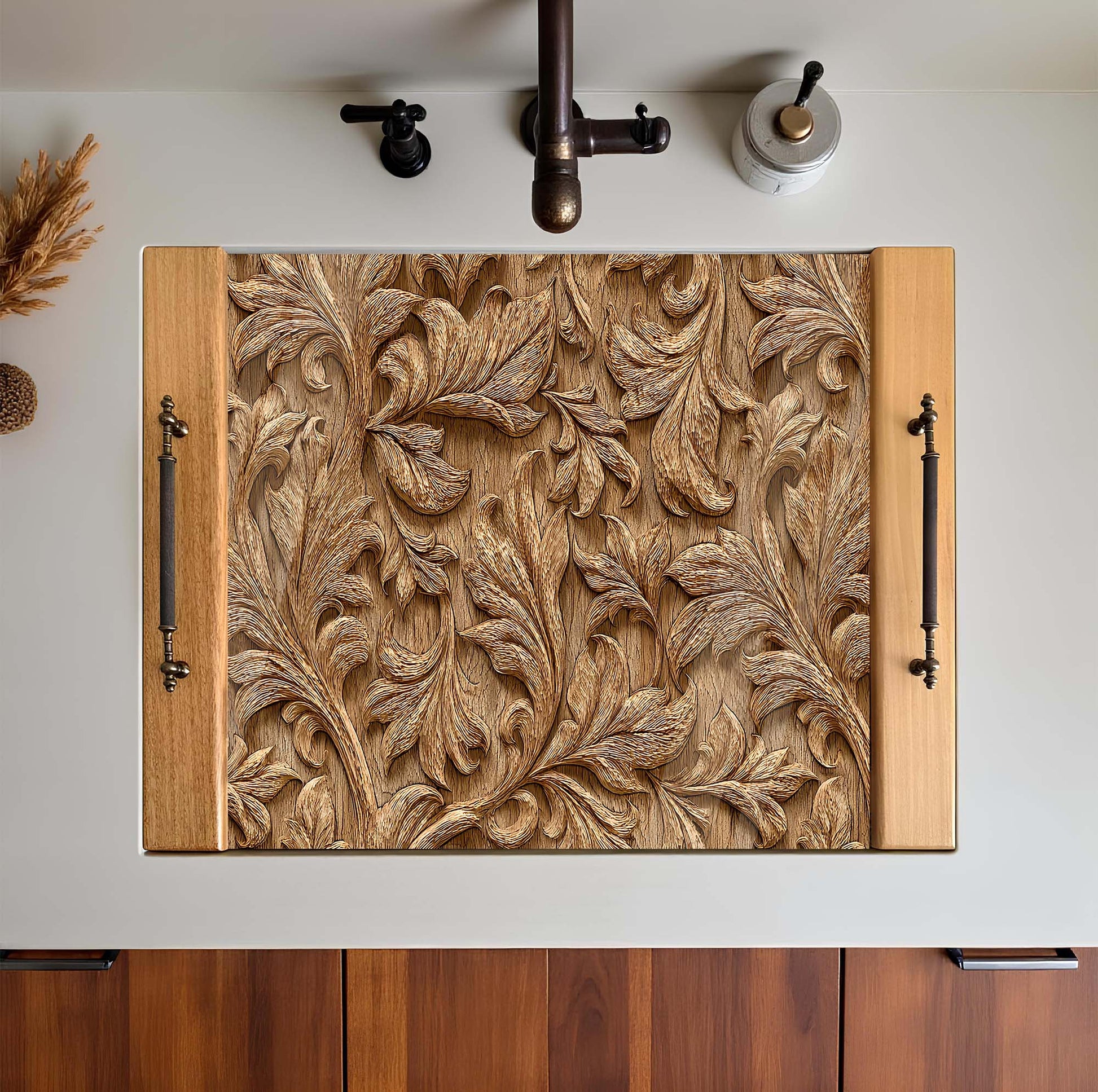 Wooden cabinet with intricate leaf pattern on a white wall.