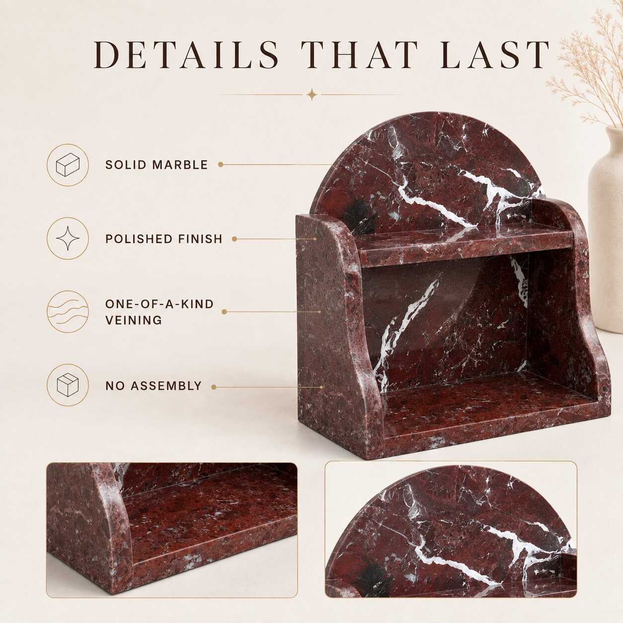 A red marble wall shelf with white veining, shown with marketing callouts reading 'DETAILS THAT LAST' and features like solid marble, polished finish, one-of-a-kind veining, and no assembly. Two inset close-up views appear at the bottom.