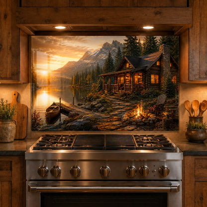 Stainless steel stove in a kitchen with a scenic wall mural of a cabin by a lake.