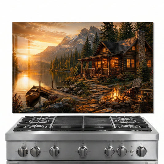 Stainless steel stove in a kitchen with a scenic wall mural of a cabin by a lake.