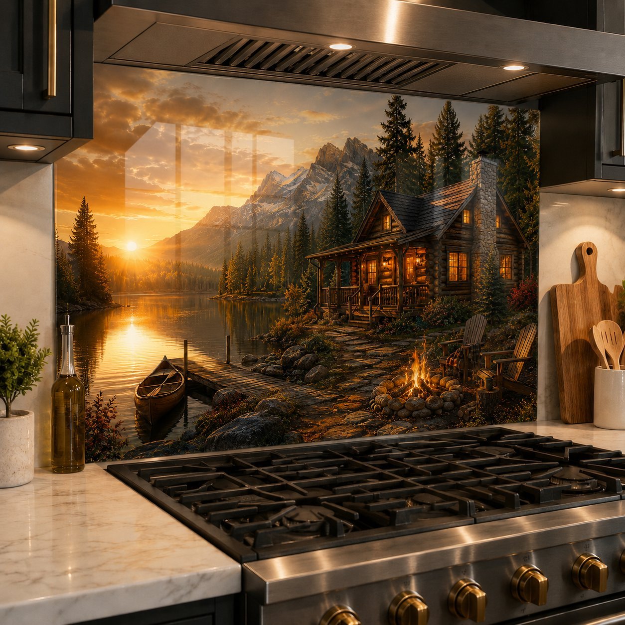Stainless steel stove with a scenic wall panel of a cabin by a lake at sunset.