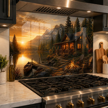 Stainless steel stove with a scenic wall panel of a cabin by a lake at sunset.
