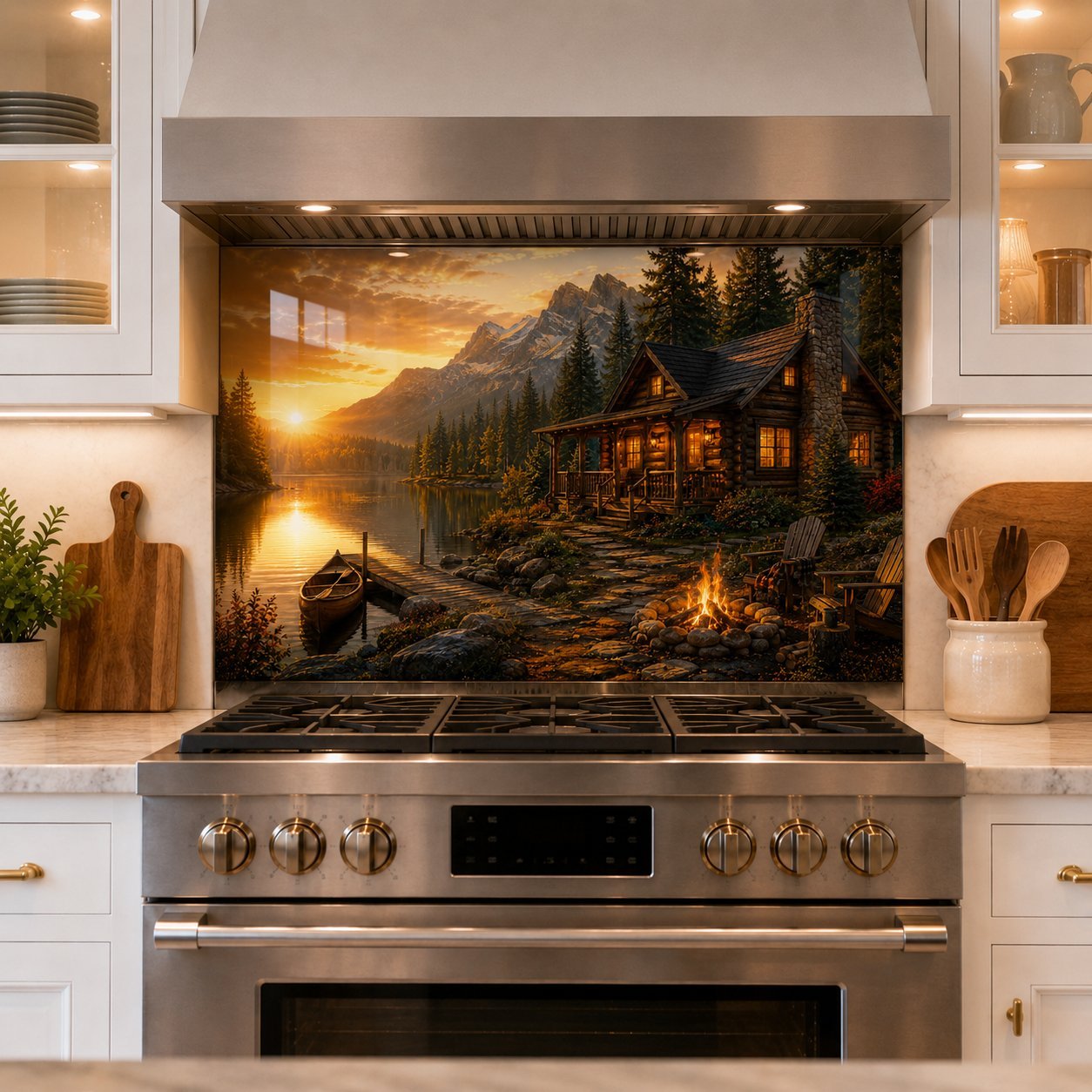Stainless steel stove with a scenic backsplash of a cabin by a lake at sunset.