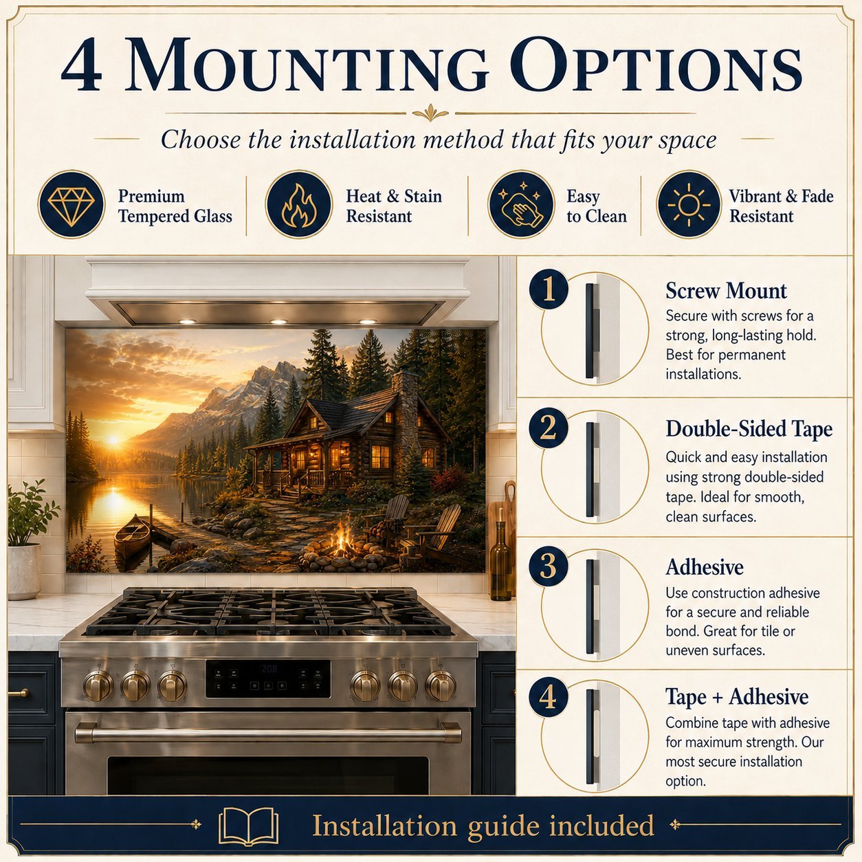 Stainless steel oven with decorative glass panel showing a mountain scene, accompanied by installation guide text.