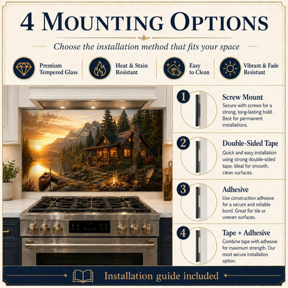 Stainless steel oven with decorative glass panel showing a mountain scene, accompanied by installation guide text.