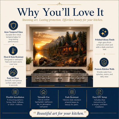 Advertisement for a kitchen backsplash with scenic design, featuring text on its benefits.