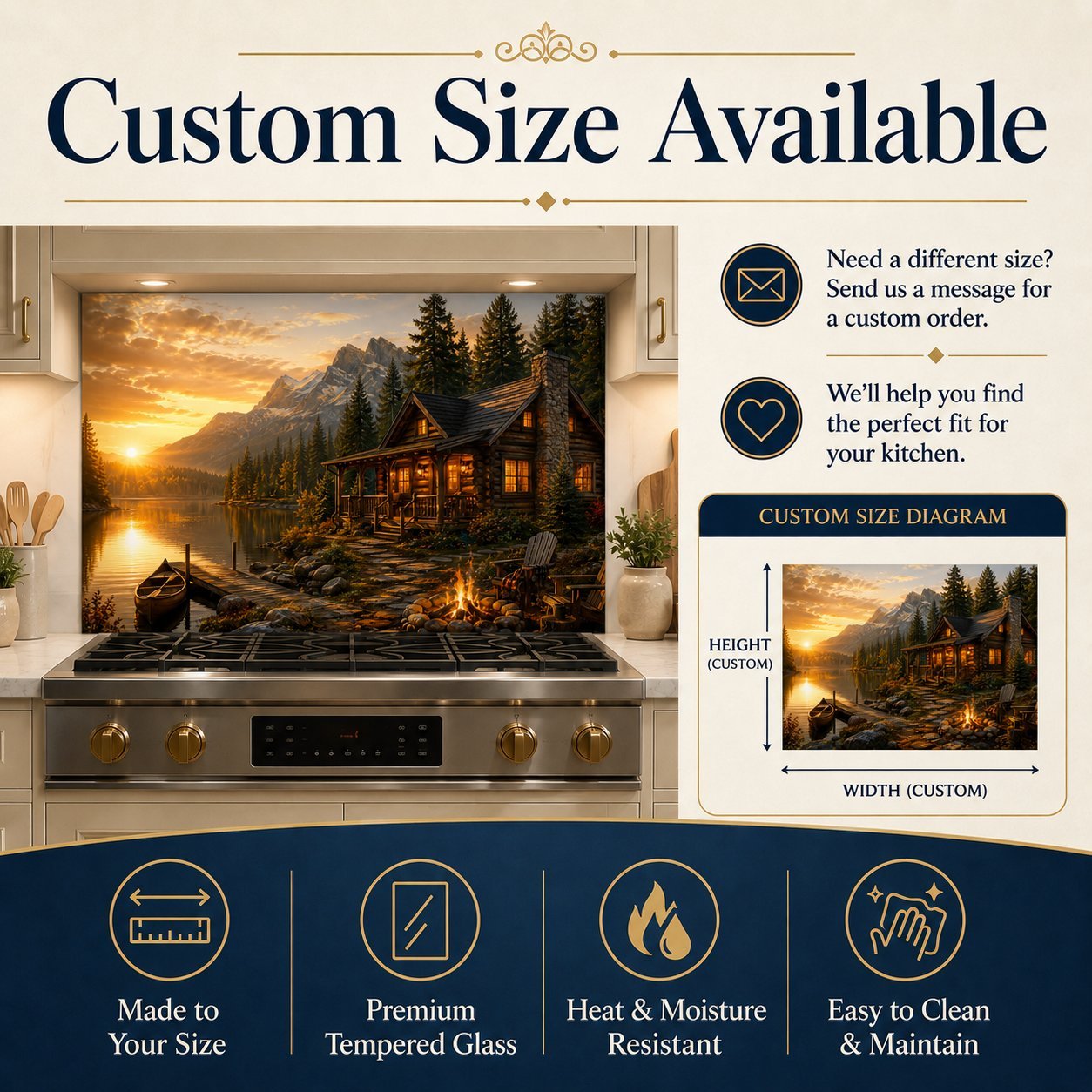 Stainless steel stove with a scenic glass splashback in a kitchen setting, featuring text about custom size availability.