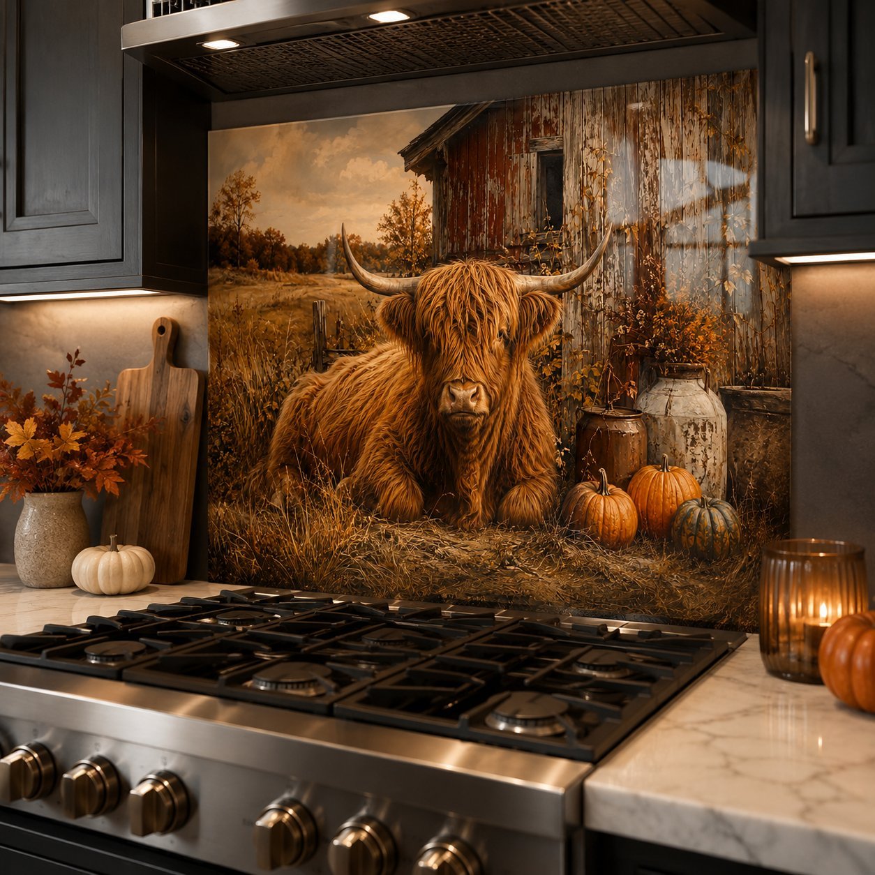 Decorative backsplash with a bull and barn scene above a stove in a kitchen.