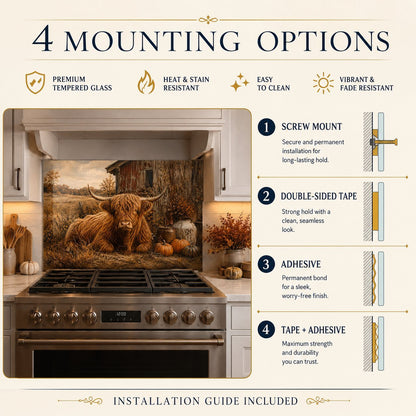 Stainless steel oven with decorative glass panel featuring a bull, accompanied by mounting options and installation guide information.