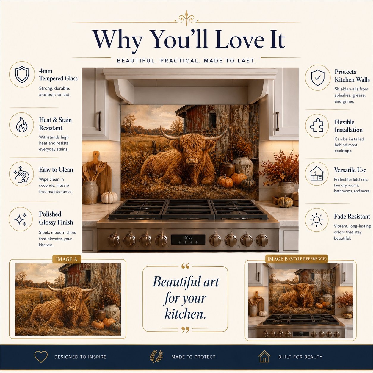 Kitchen backsplash with a cow design and product features on a beige background
