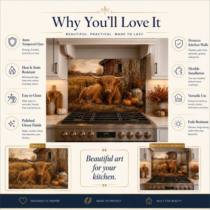 Kitchen backsplash with a cow design and product features on a beige background