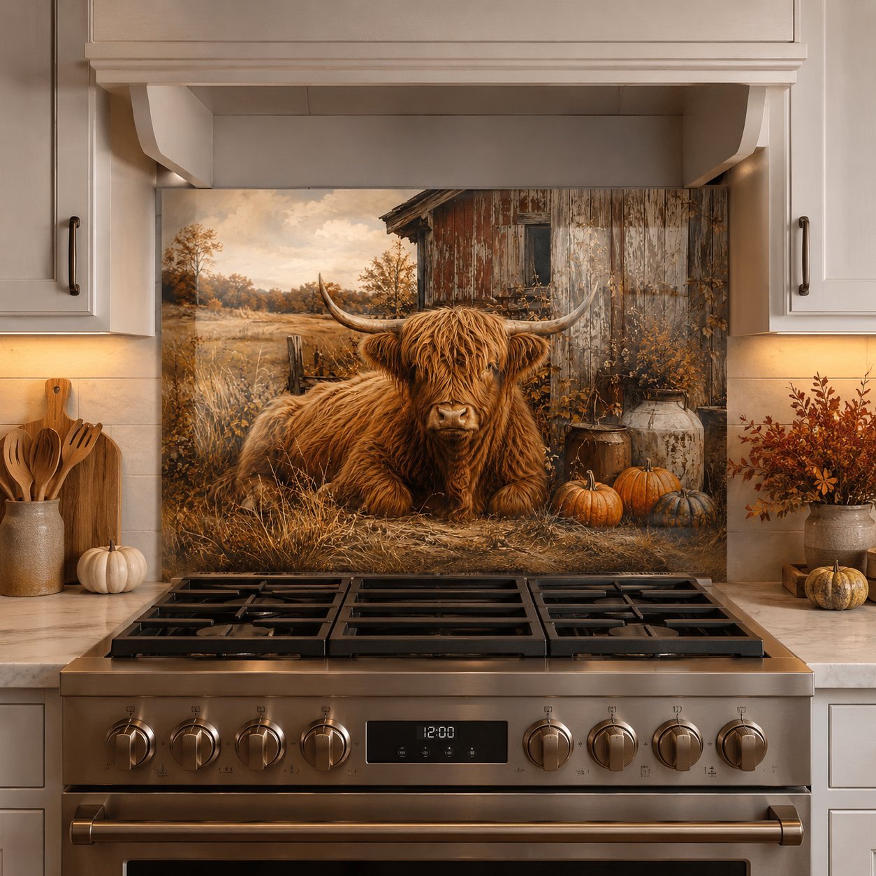 Stainless steel stove with a decorative backsplash featuring a Highland cow in a field.