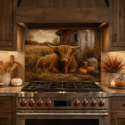 Stainless steel stove with a decorative backsplash featuring a Highland cow and autumn scene.