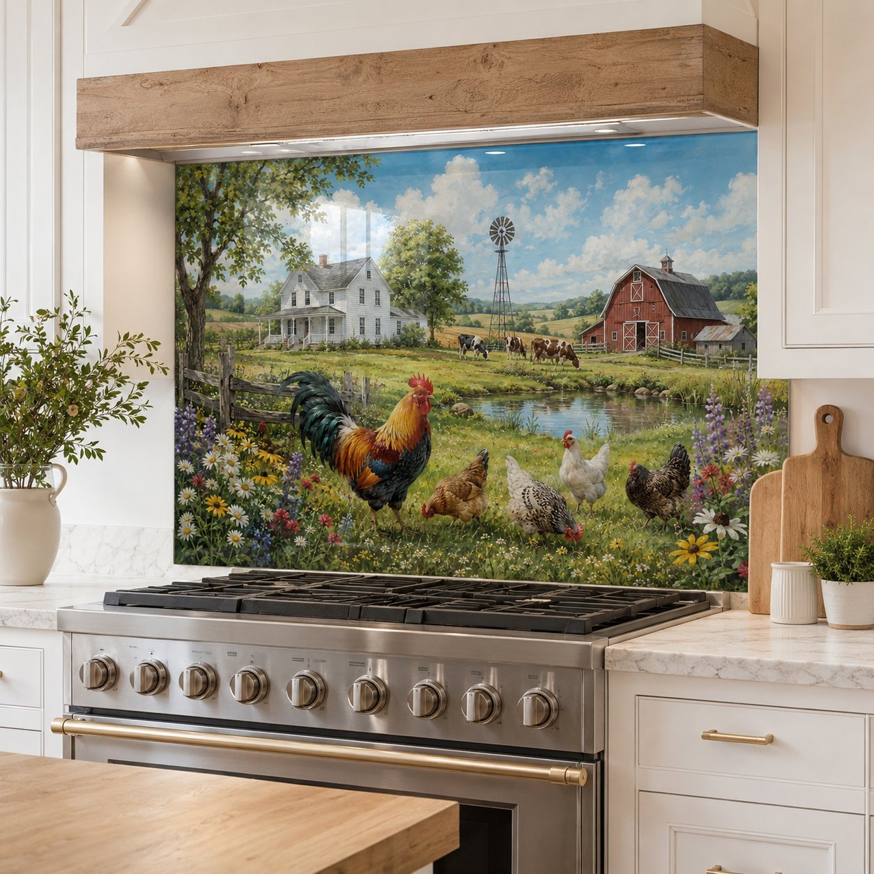 Kitchen with a decorative glass splashback featuring farm animals and landscape.