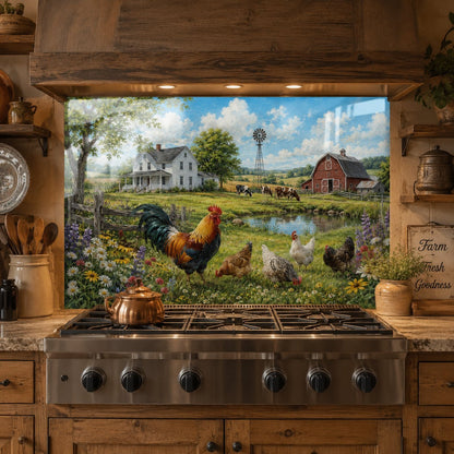 Stainless steel stove with a decorative glass panel featuring farm scene with chickens and barn.
