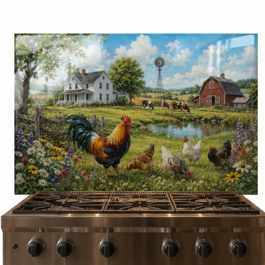Stainless steel stove with a decorative glass panel featuring farm scene with chickens and barn.