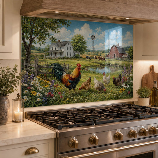 Kitchen stove with a scenic mural of chickens and a farm.