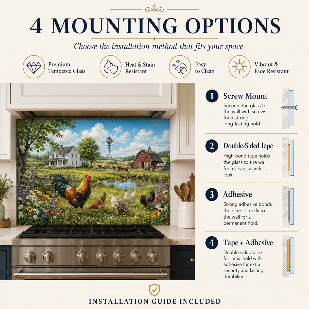 Hood backsplash with nature scene and installation guide for mounting options.