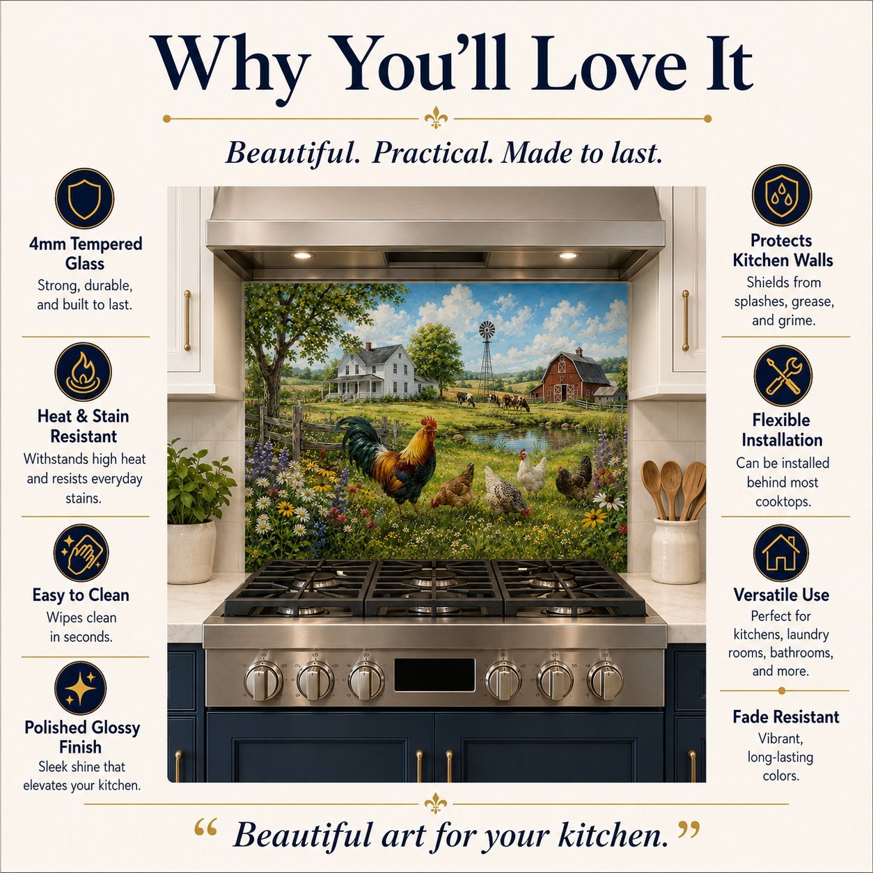 Kitchen stove with a decorative backsplash featuring a farm scene, surrounded by text highlighting features.