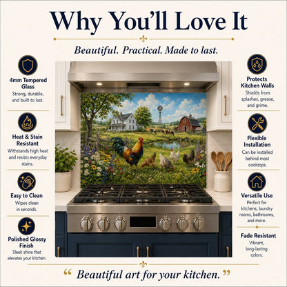 Kitchen stove with a decorative backsplash featuring a farm scene, surrounded by text highlighting features.
