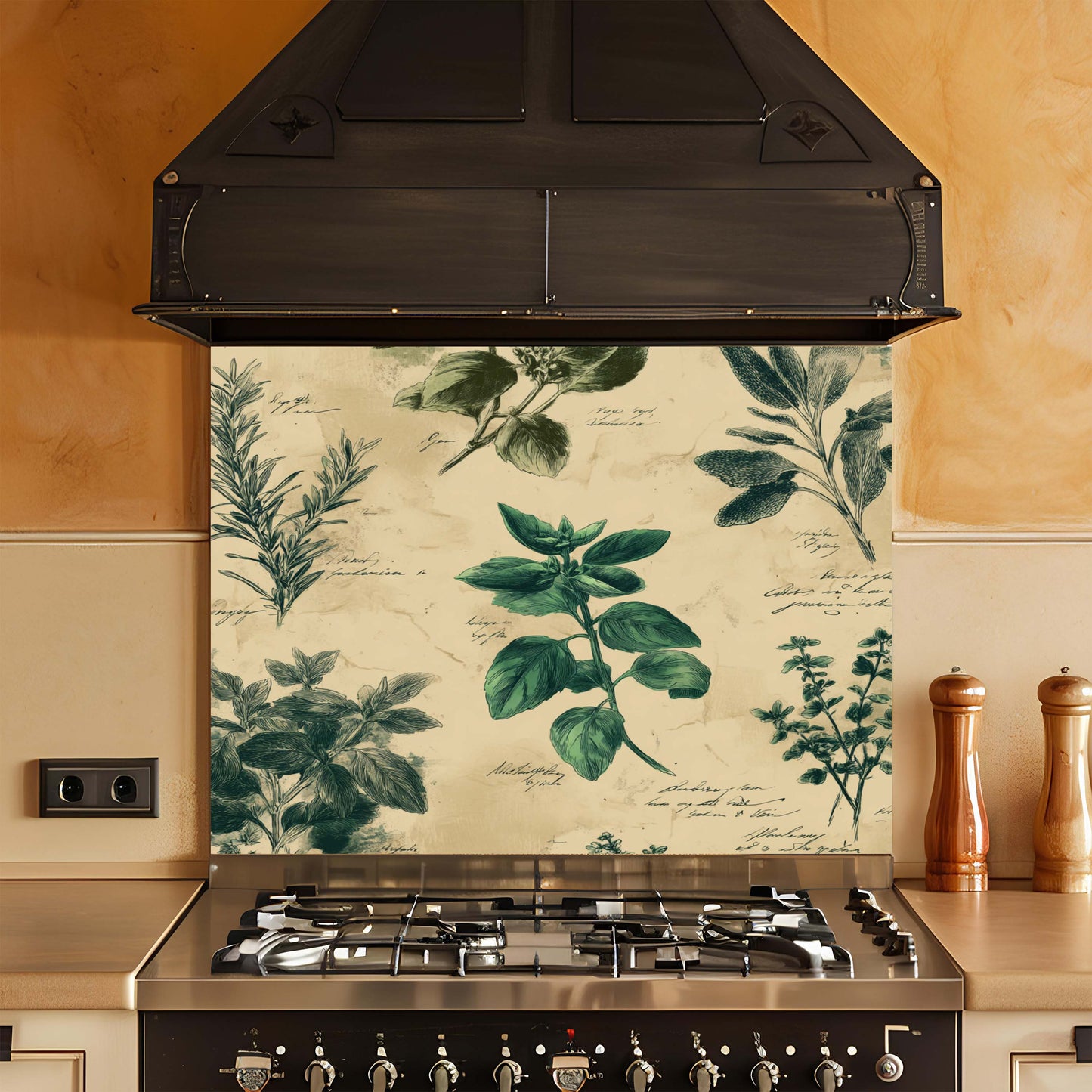 Kitchen stove with a decorative backsplash featuring green leaf patterns.