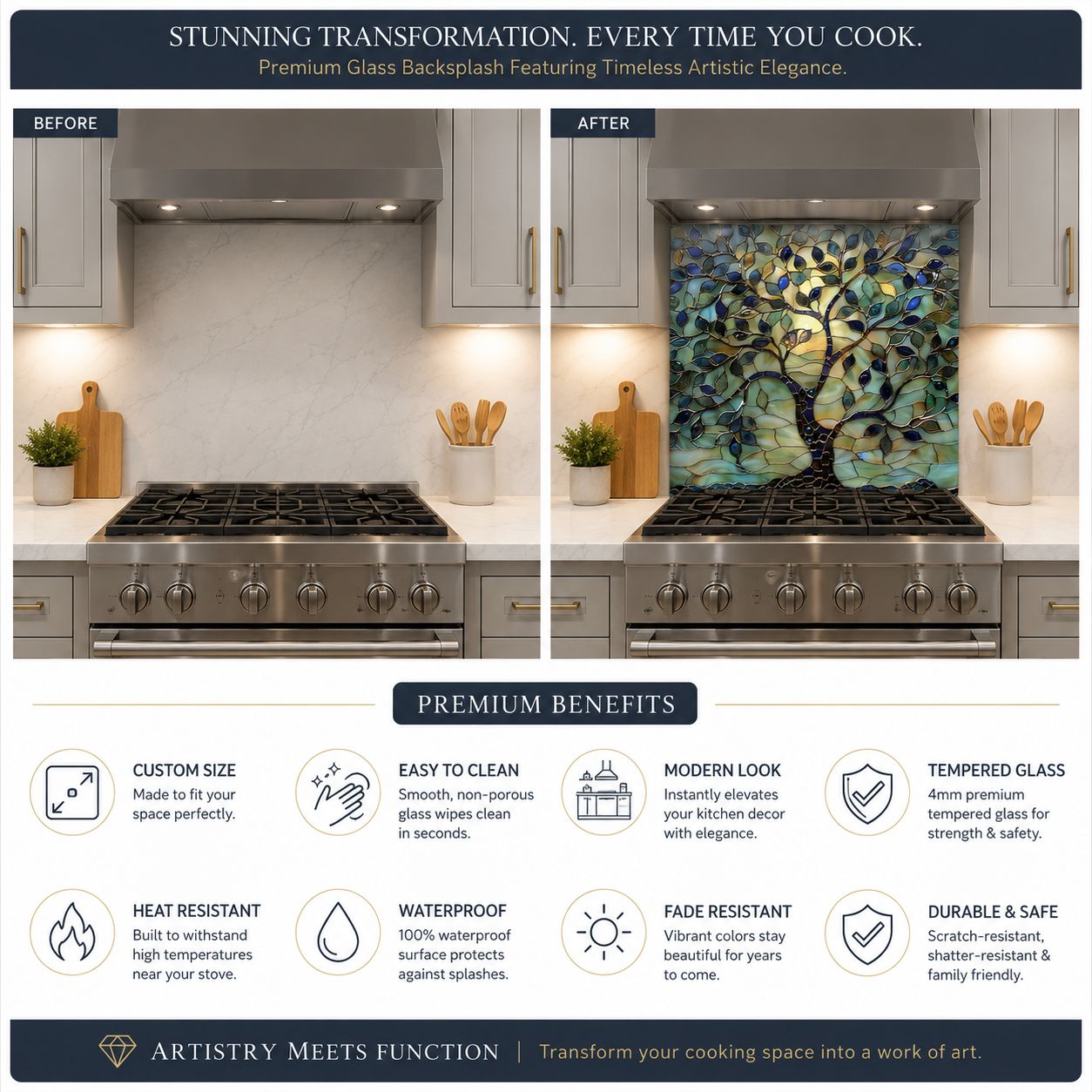 Stained glass tree of life tempered glass kitchen backsplash panel product thumbnail