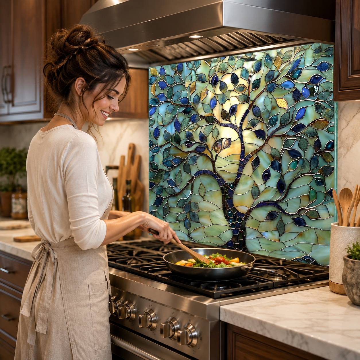 Stained glass tree of life tempered glass kitchen backsplash panel product thumbnail