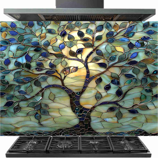 Stained glass tree of life tempered glass kitchen backsplash panel product thumbnail