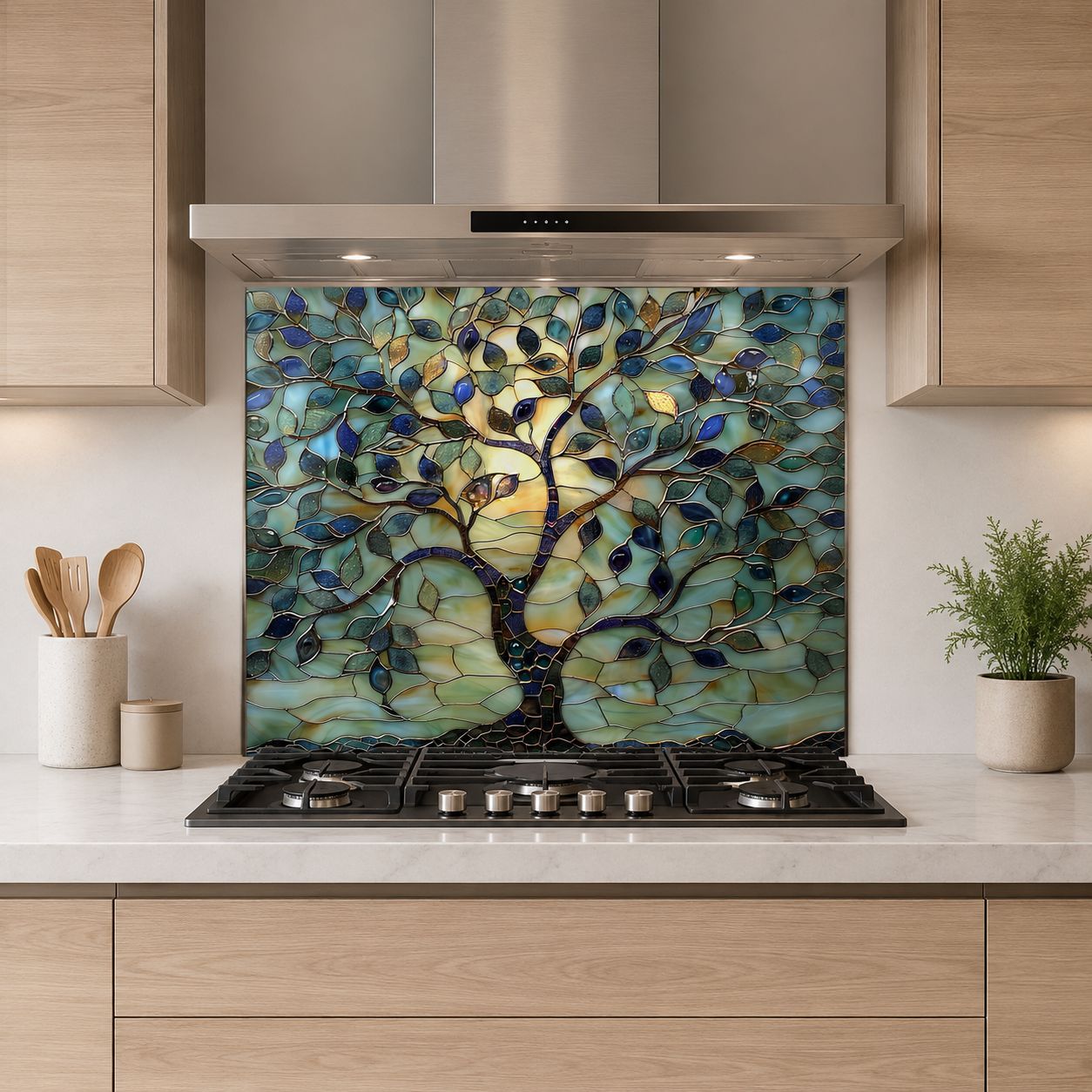 Stained glass tree of life tempered glass kitchen backsplash panel product thumbnail