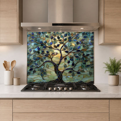 Stained glass tree of life tempered glass kitchen backsplash panel product thumbnail
