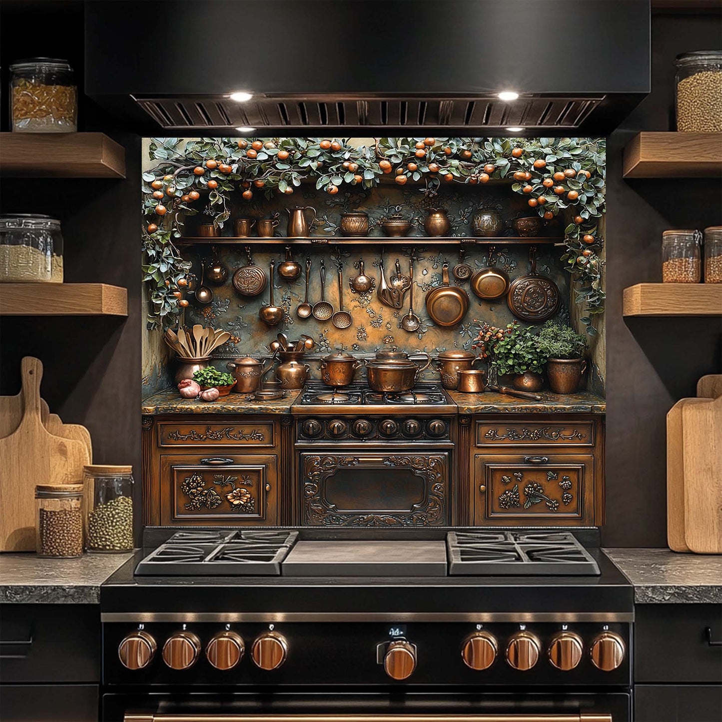 Decorative kitchen backsplash with copper pots and pans, wooden shelves, and a stove.