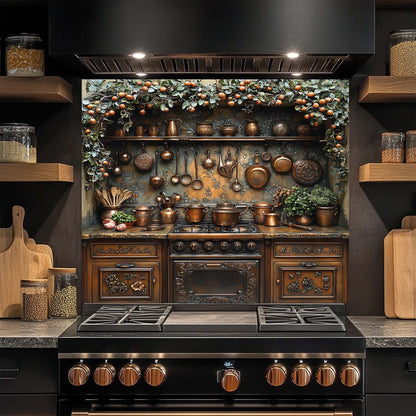 Decorative kitchen backsplash with copper pots and pans, wooden shelves, and a stove.