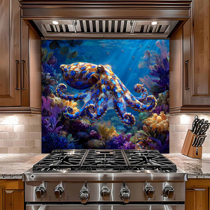 Stainless steel gas stove with a decorative glass backsplash featuring an octopus and coral reef.