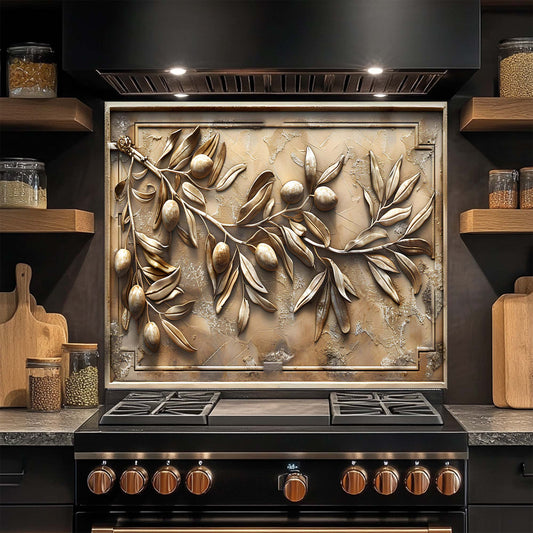 Decorative glass backsplash with leaf design above a stove in a kitchen setting.