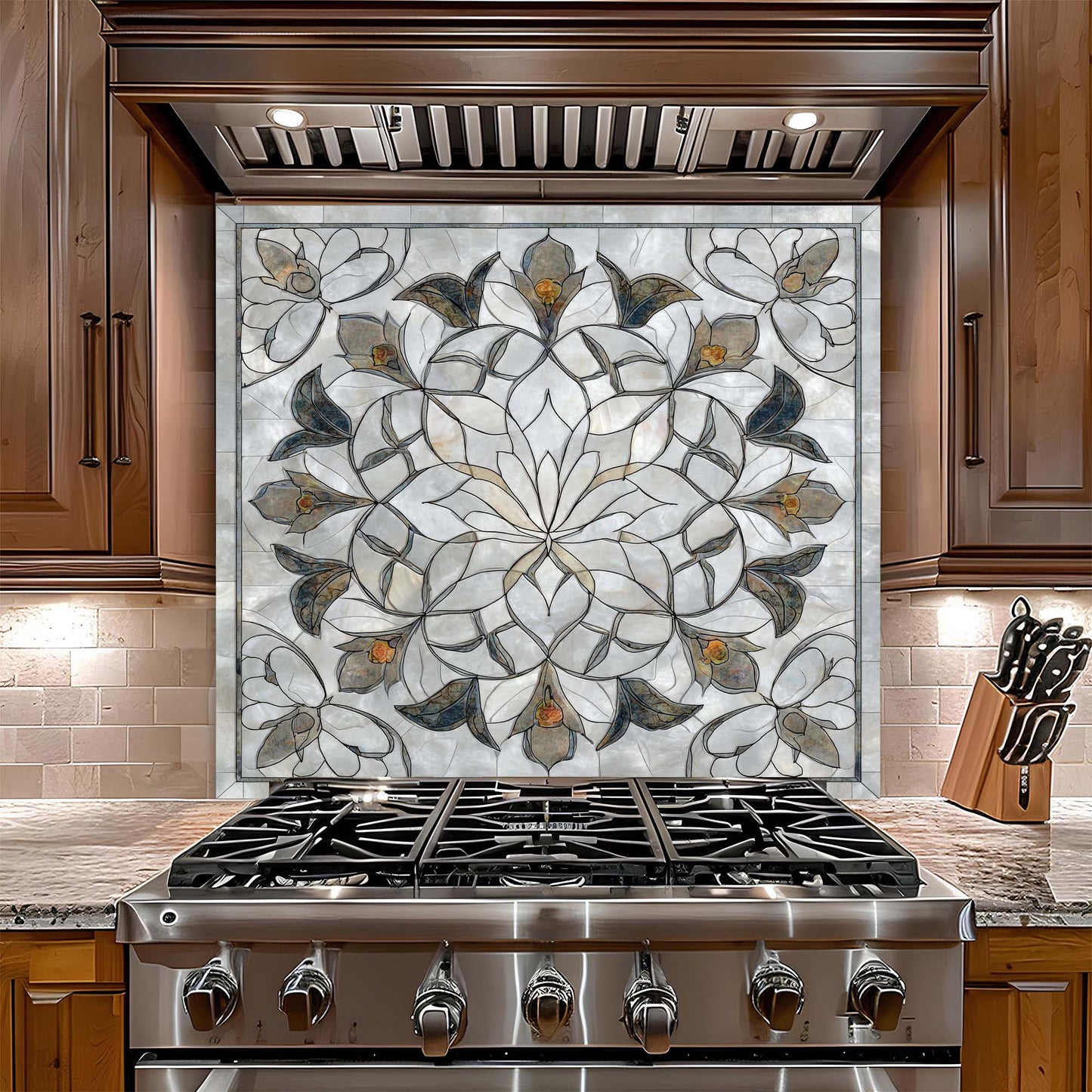 Stainless steel stove with decorative glass backsplash in a kitchen setting