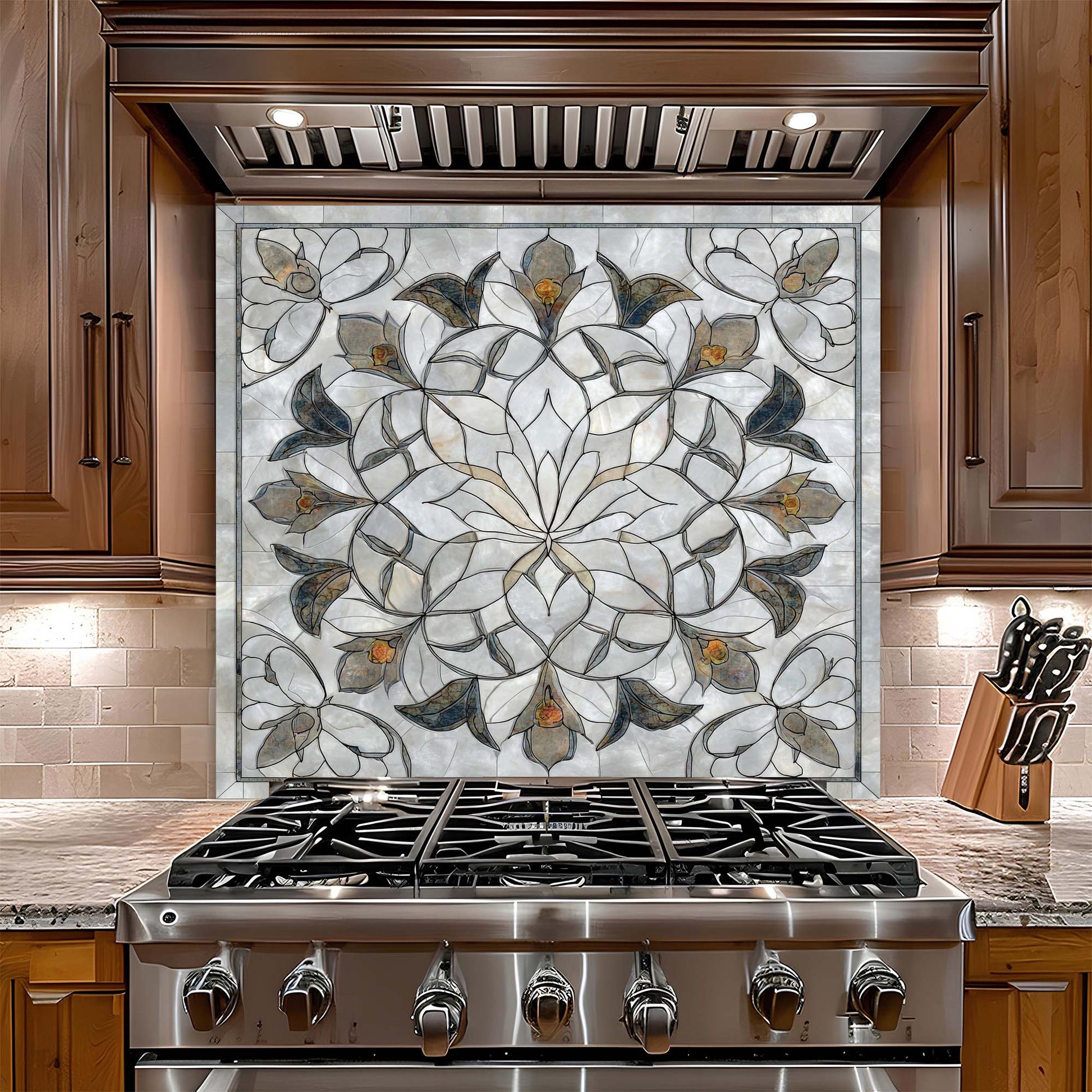 Stainless steel stove with decorative glass backsplash in a kitchen setting