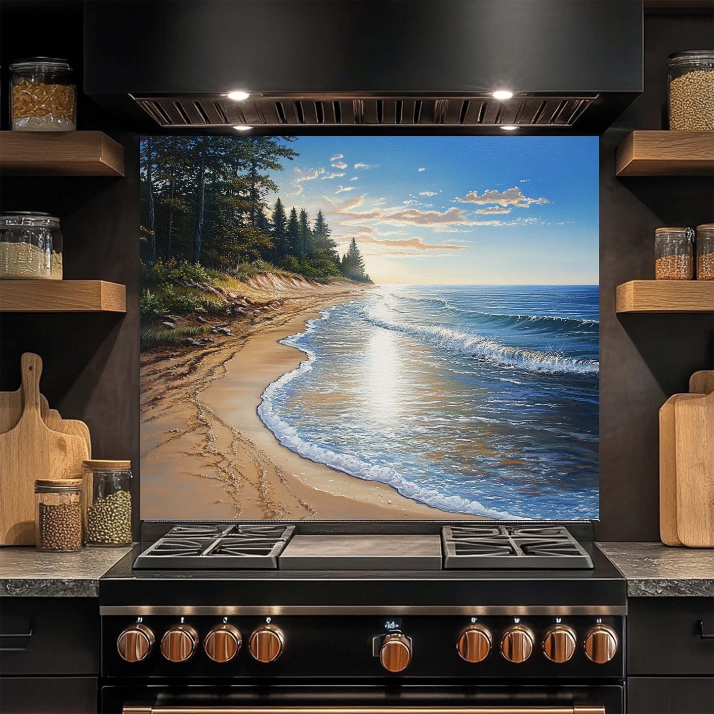 Tempered glass backsplash featuring pine trees and coastal shoreline at sunset – perfect for rustic or beach-themed kitchens.