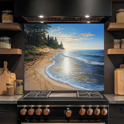 Tempered glass backsplash featuring pine trees and coastal shoreline at sunset – perfect for rustic or beach-themed kitchens.