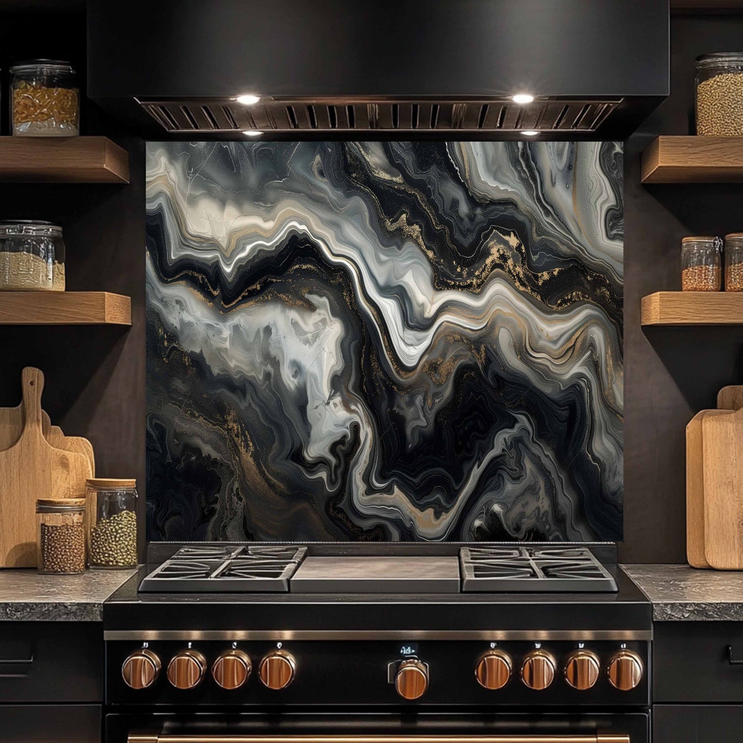 Kitchen stove with a marbled backsplash and wooden shelves.