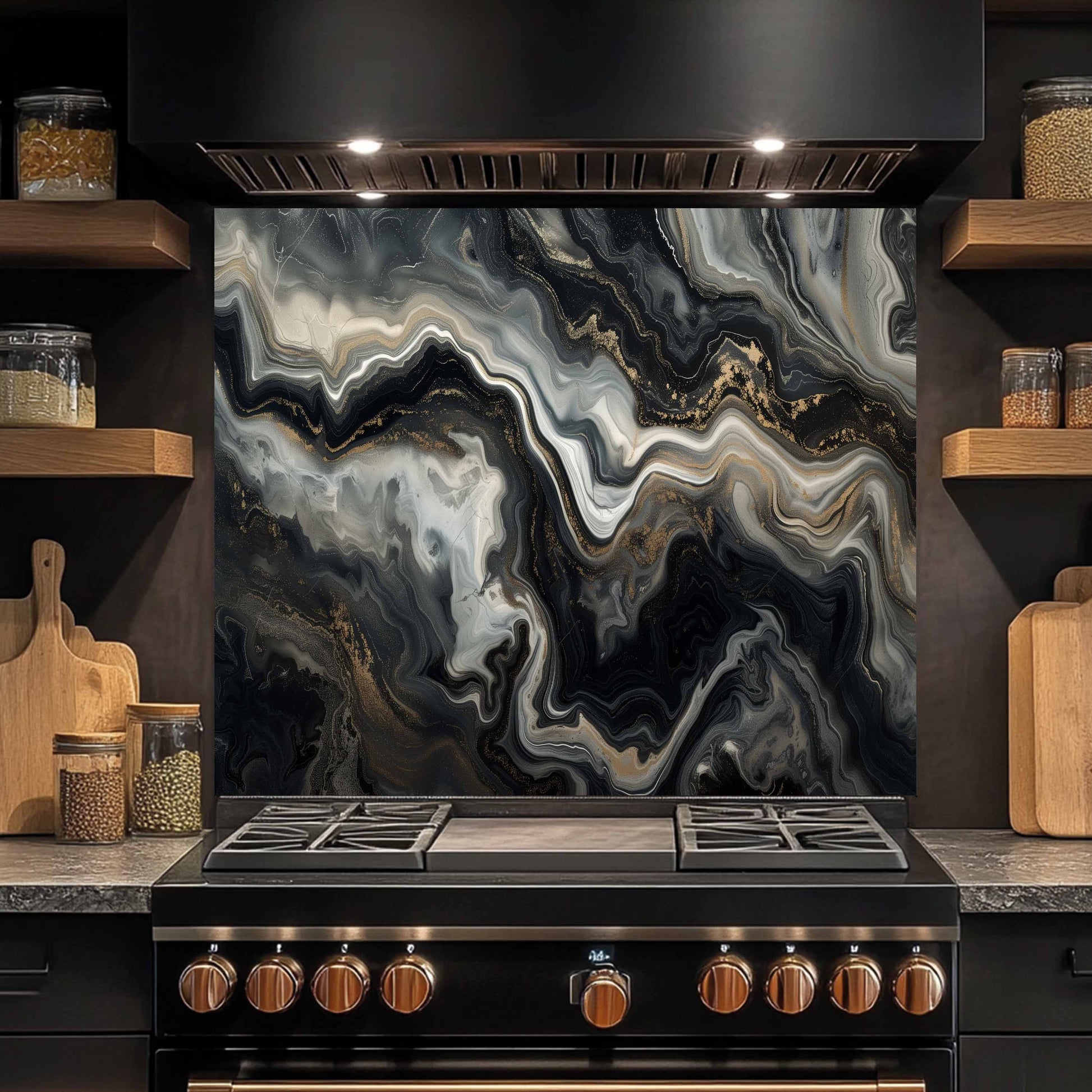 Kitchen stove with a marbled backsplash and wooden shelves.