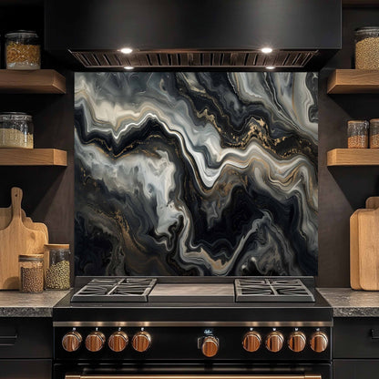 Kitchen stove with a marbled backsplash and wooden shelves.