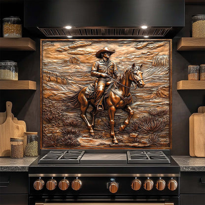 Copper-toned tempered glass backsplash with cowboy riding horse in desert canyon landscape