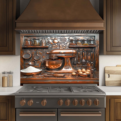 Decorative backsplash with copper kitchen appliances and utensils in a kitchen setting.