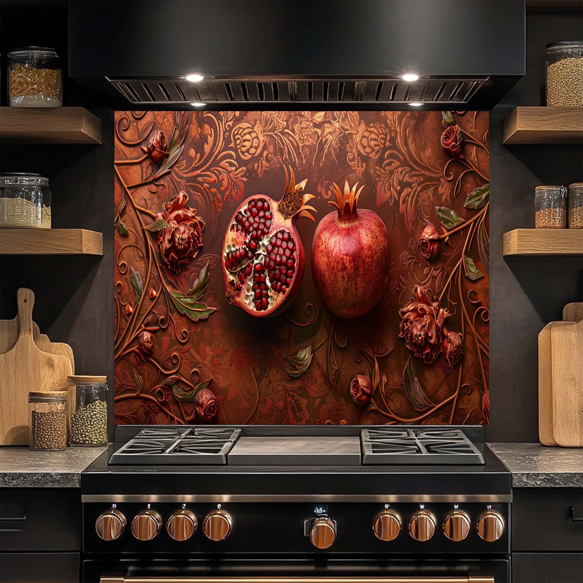 Decorative glass backsplash with pomegranates and floral patterns above a stove in a kitchen.