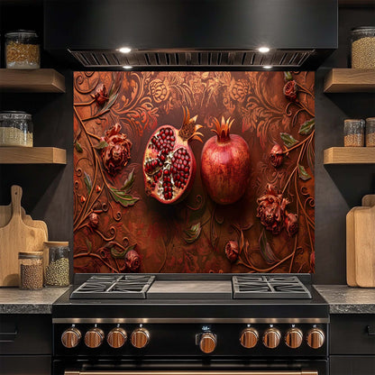 Decorative glass backsplash with pomegranates and floral patterns above a stove in a kitchen.