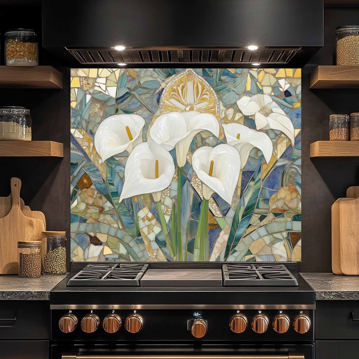 Kitchen stove with a decorative mosaic backsplash featuring white flowers.