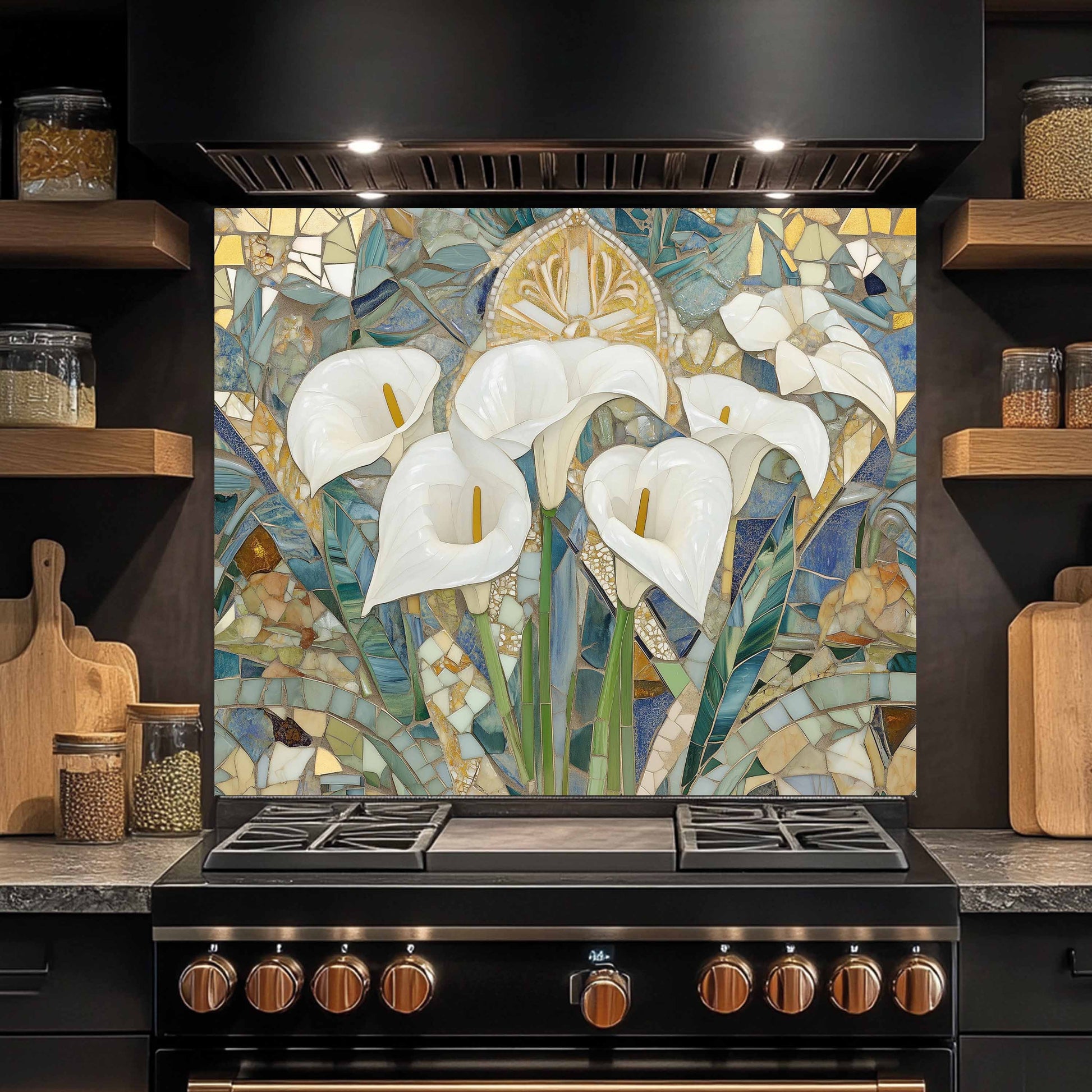 Kitchen stove with a decorative mosaic backsplash featuring white flowers.